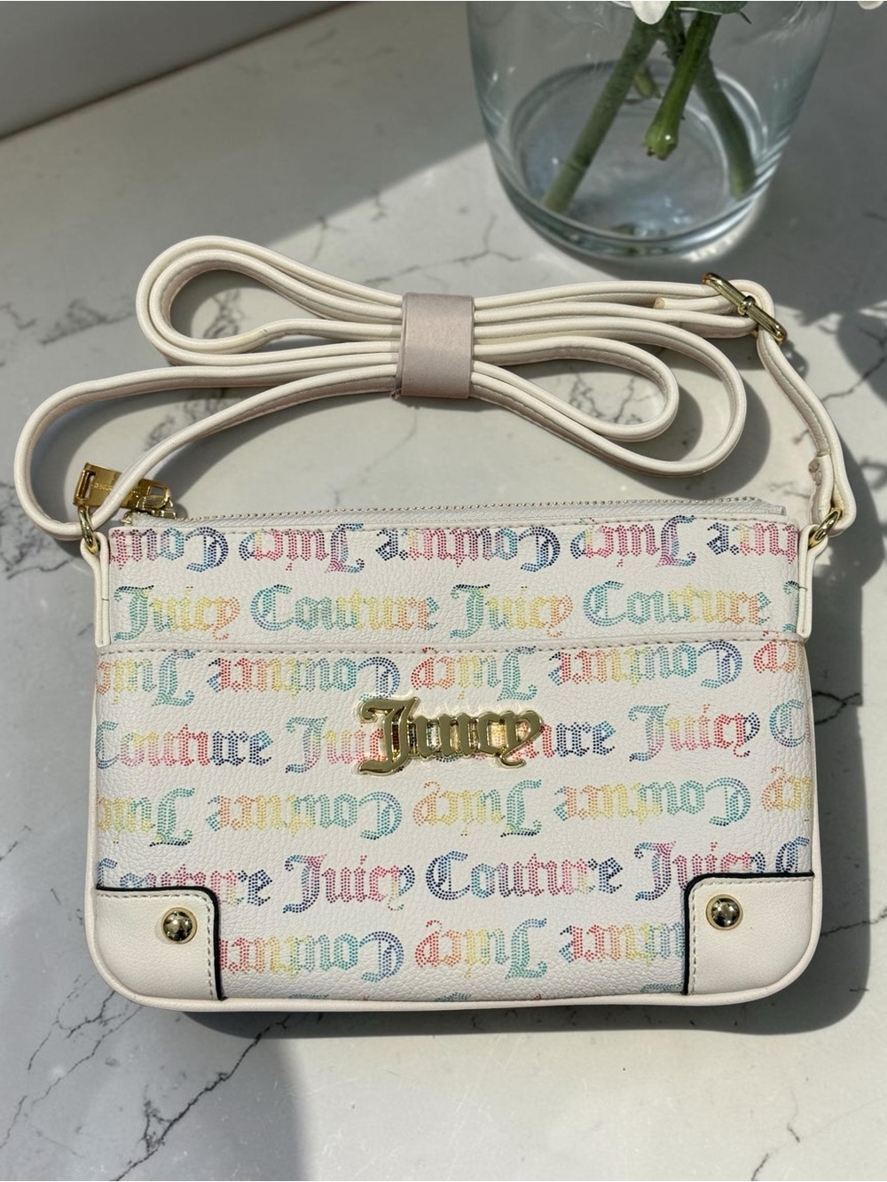 Juicy Couture Cream Crossbody with Multicolor Logo Print NWOT